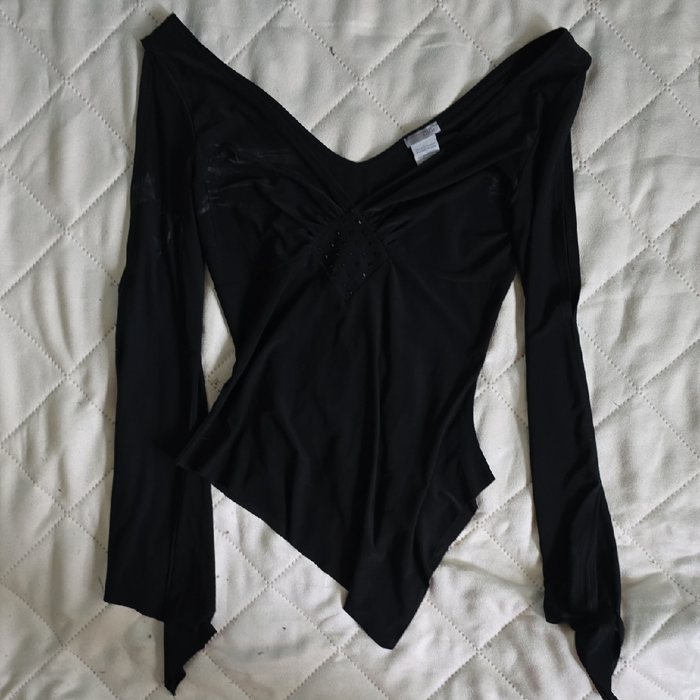 Black Asymmetrical Long Sleeve Bodysuit Blouse